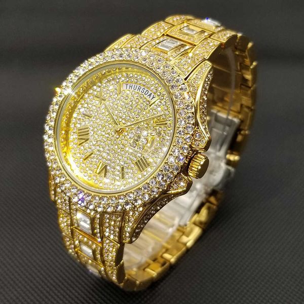 Relógios de pulso Full Iced Out Relógio para Homens Luxo Ouro Hip Hop Diamante Quartzo Relógios Masculinos À Prova D' Água Dia Data Relógio Produto Mais Vendido 230602