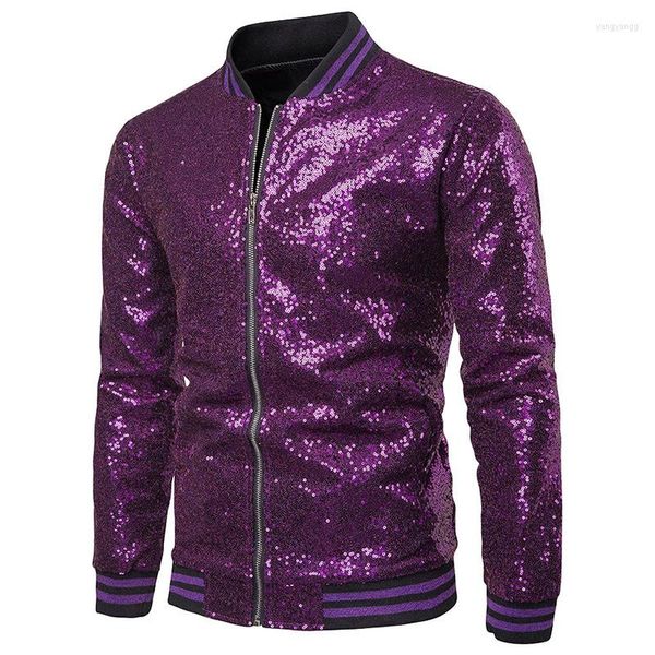 Giacche da uomo Viola Paillettes Varsity Cappotti per uomo Anni '70 Disco Dance Shiny Glitter Jacket Nightclub Stage Prom Bomber Uomo