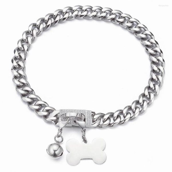 Coleiras para cães de aço inoxidável coleira para animais de estimação freio corrente cubana com etiqueta de identificação e sino para cães pequenos médios grandes 15 mm/19 mm de largura 10-26 polegadas