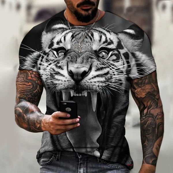 Camisetas Masculinas 2022 Marca Camisa Masculina Decote Redondo T-shirt Impressão 3D Animal Tigre Feroz Moda Tendência Verão Novo Estilo Grande J230602