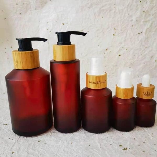 Bottiglie di stoccaggio Bottiglia di lozione per burro di vetro per la cura della pelle Confezione ambra smerigliata Contenitore cosmetico vuoto Spray liquido toner con coperchio in bambù