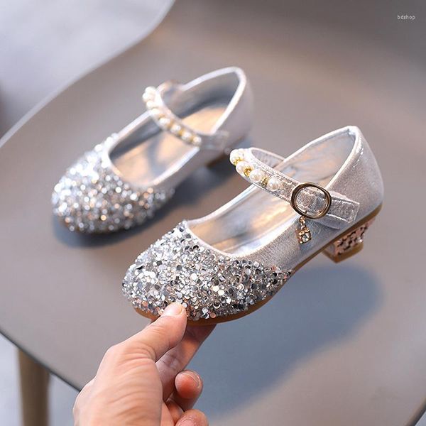 Scarpe basse Bambini Ragazze Tacco alto Principessa per bambini Scuola Paillettes Perle Festa di nozze Modello Dance Crystal 2023 Gold