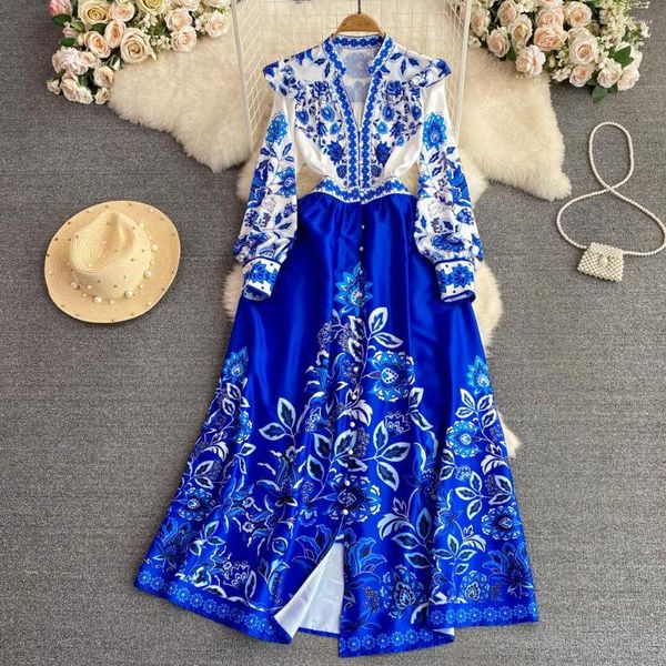 Casual Kleider YoungGee Frauen Vintage Blumendruck Kleid Blau und Weiß Porzellan Rüschen Einreiher Elegante Büro Dame Lange Mujer