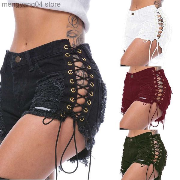 Frauen Shorts Frau Sommer Ripped Side Bandage Denim Shorts Mode Sexy Jeans Shorts Bar DJ Kleidung Shorts 2020 Neue Ankunft T230603