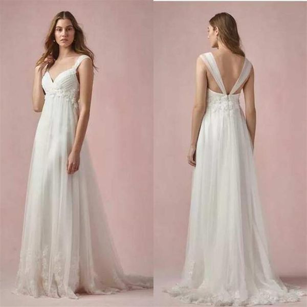 Beach Style A Line Scollo a V Vita impero Abiti da sposa Sweep Train Bianco Tulle Appliques Pizzo Custom Made Boho Abito da sposa2780