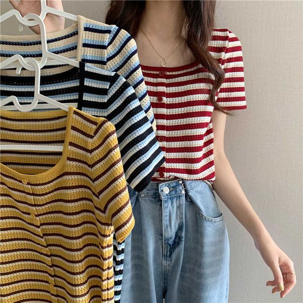 T-Shirt Summer Vintage T-shirt manica corta Girl Stripe Elastic Square Collar Crop Top Sottile lavorato a maglia da donna P230602