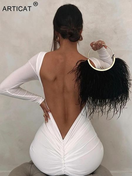 Abito Articat sexy backless increspato maxi vestito da donna bianco manica lunga abiti da sera femminile autunno magro elegante partito Clubwear 2022