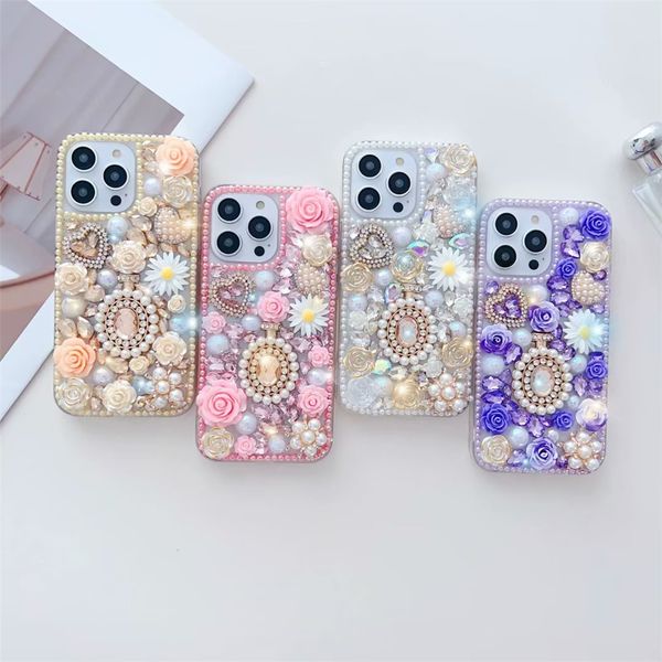 Luxo Bling Diamond Strass Flower Cases para iPhone 15 13 11 14 Pro MAX X XS MAX XR 12 Pro 14Plus 15Pro 15ProMax Phone Case 3D Crystal Women Back Cover