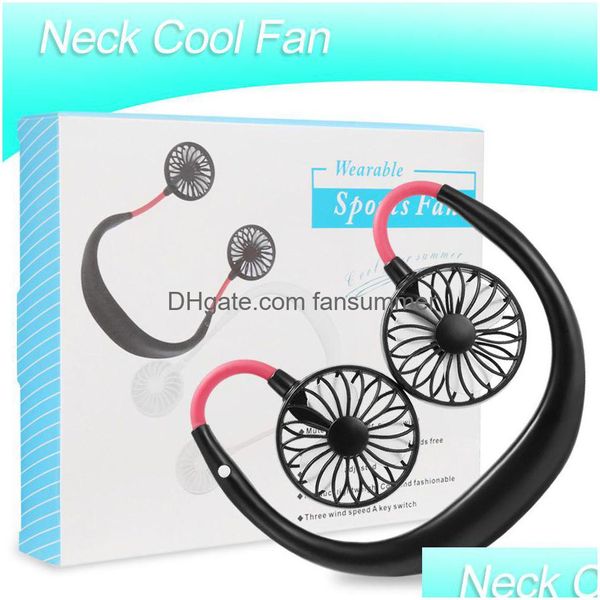 Gadget Usb Mini Cool Fan Portatile Ricaricabile Neckband Pigro Collo Appeso Doppio Raffreddamento Per La Vita Quotidiana Con Scatola Al Minuto Drop Delivery Dhnfm