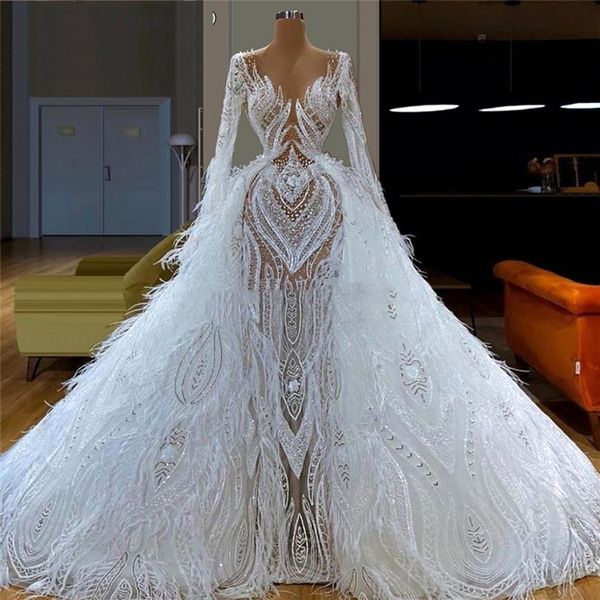 Piume bianche Abiti da sera gonfi per il matrimonio Arabo Robe De Soiree Couture Abito da sposa Aibye Caftani Abiti da spettacolo Dubai279D