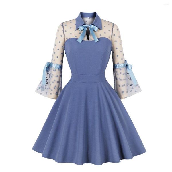 Lässige Kleider Damen Vintage Hellblaues Kleid mit Tasche Rockabilly Cocktailparty 1950er 40er Jahre Swing Frühling Herbst Durchsichtig Polka