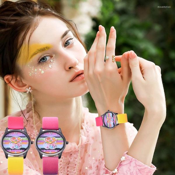 Armbanduhren Buntes Uhrenarmband Damen Quarz Modetrend Marke Cartoon Uhr Leder Luxus Damen Digitaluhren Montres Relojes