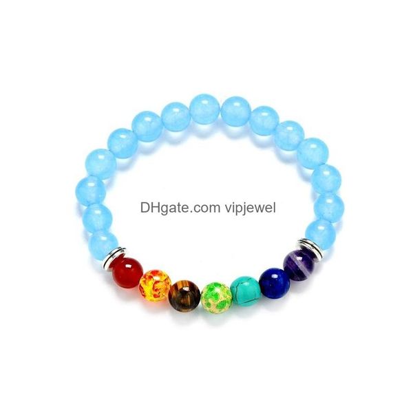 Perline 6 colori 8 mm naturale sette chakra pietra perline braccialetto lava viola verde filo elasticizzato gioielli yoga bracciali occhio di tigre Dro Dhvmc