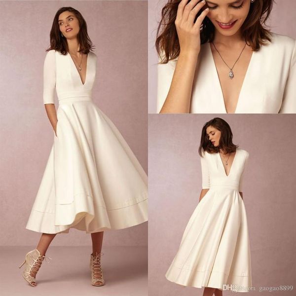 2019 Novo BHLDN Nova Moda Vestidos de Casamento Vintage com comprimento de chá com meia manga decote em V Custom Make Short Beach Party Bridal Wedding286i