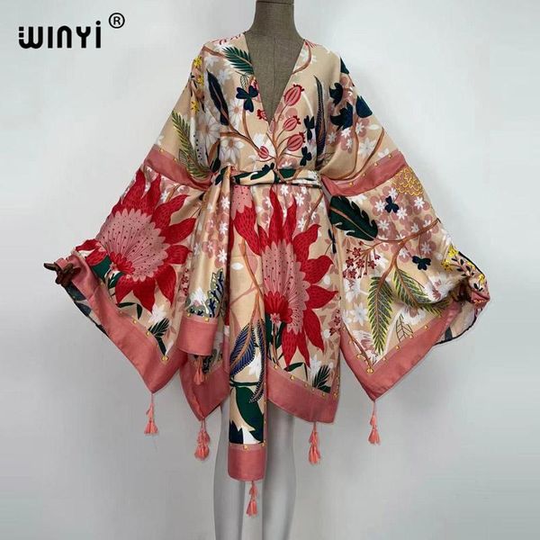 Прикрытие Winyi Осенние платья для женщин Cardigan Lose Dong Dress Tail Party Boho Maxi African Holiday Batwing рукав кимоно