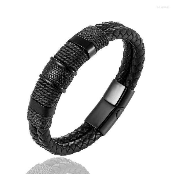 Link Armbänder Freizeit Mode Herren Armband Schwarz Echtes Leder Handgewebt Die Manschette Seil Kette Edelstahl Magnetverschluss