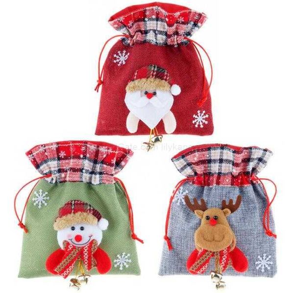 Decorazione natalizia sacchetto regalo per bambini Cartone animato Babbo Natale fiocco di neve renna pupazzo di neve arredamento sacchi di caramelle tela coulisse Vigilia di Natale sacchetti di imballaggio mela con campana