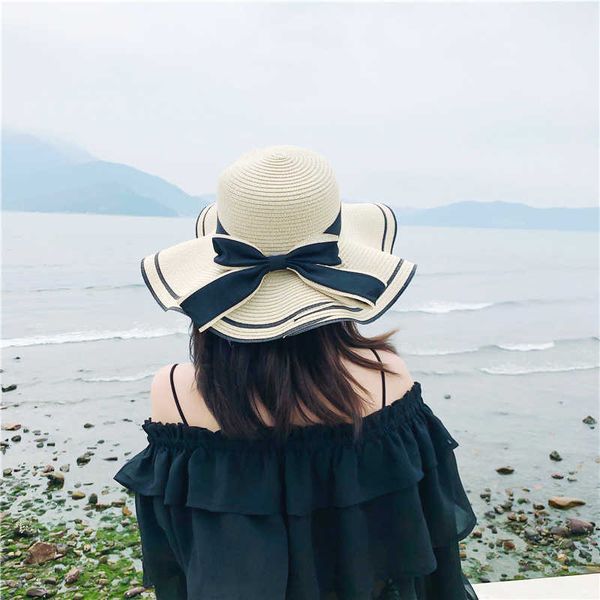 Cappelli a tesa Summer Sun Rowing Boat Beach Wide Edge Casual Panama Classic Flat Bow Knot Hat Regalo da donna G230603