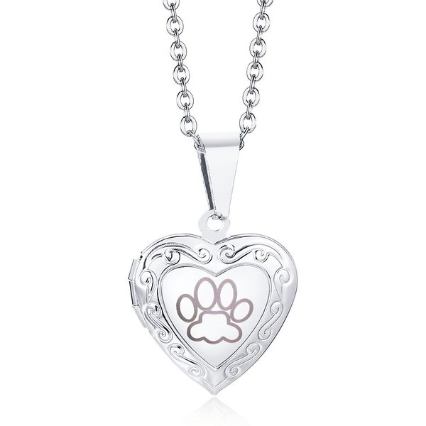 Colar com pingente feminino personalizado e moderno em aço inoxidável com pingente de coração que pode ser aberto para porta-retrato e pata de cachorro esculpida para presente yw75PN-1364G