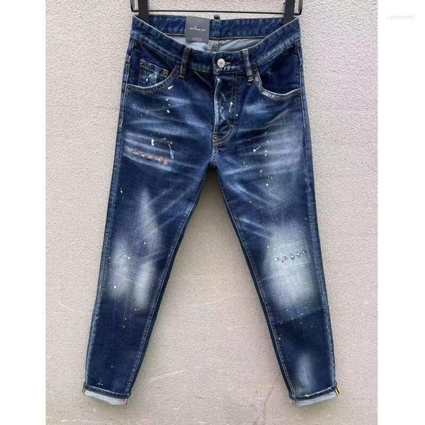 Jeans Masculino Casual Moderno MotoBiker Hole Spray Paint Fashion High Street Calças De Tecido Denim 111#