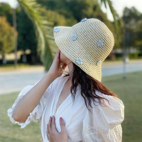 Chapéus de aba larga balde de crochê de verão feminino dobrável panamá sol uv boêmio pesca de flores férias chapéu de praia g230603