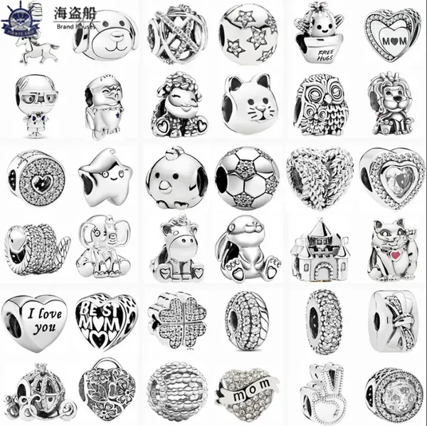 Per pandora charms autentici perline in argento 925 New Silver Color Lucky Cat Feather Owl Castle Bead fai da te