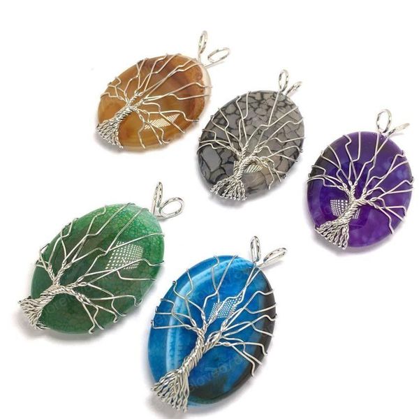 Collane con ciondolo all'ingrosso Argento placcato Wire Wrap Albero della vita Forma ovale Molti colori Agata Stile etnico Gioielli Drop Delivery Pendan Dhugx