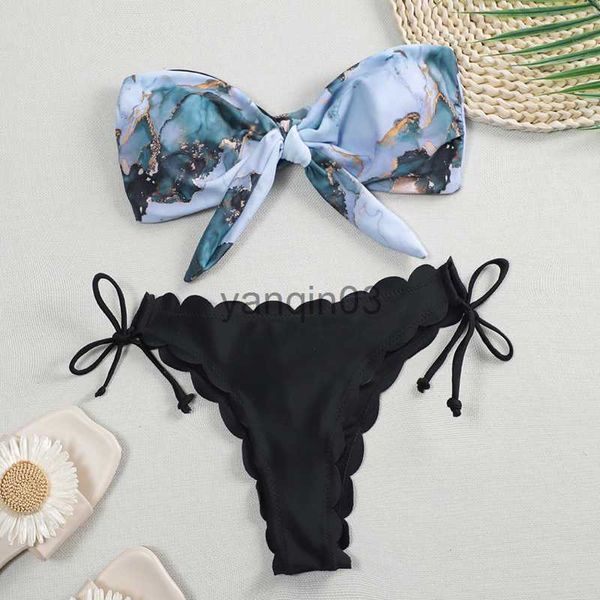 Damen-Bademode, sexy gewellter Marmor-Druck-Bikini, Damen-Bandeau-Bademode, weiblicher Badeanzug, zweiteiliges Bikini-Set, geknoteter Badeanzug, Schwimmen, J230603