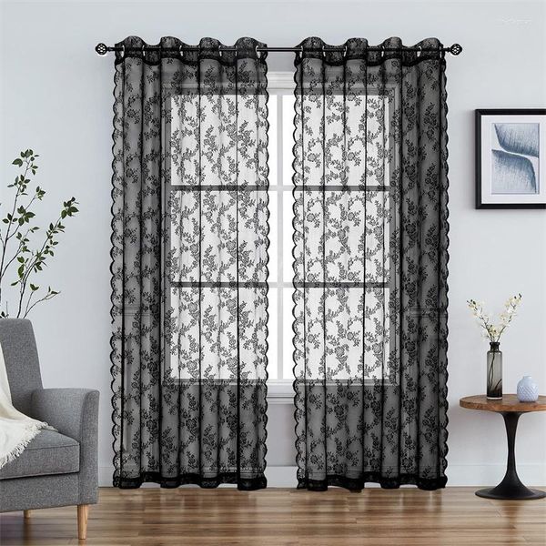 Vorhang, elegante französische Rose, bestickt, durchsichtige schwarze Spitzenvorhänge, Schlafzimmer, langlebig, Ösen, Fensterbehandlung, Drapierung für Wohnzimmer