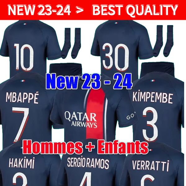 2023 2024 MBAPPE Futbol Formaları SERGIO RAMOS Maillots HAKIMI Fransa psG Futbol Forması 23 24Parisli taraftarlar oyuncu #30 MARQUINHOS VERRATTI Erkekler çocuk Kitleri