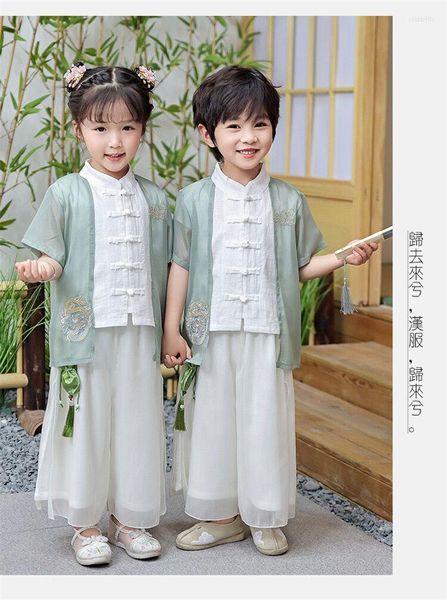 Fatos de treino masculino estilo tradicional chinês Tang Suit Hanfu Traje Roupas de primavera para bebê menino Tops calças conjunto de roupas