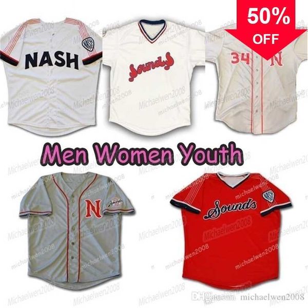 Xflsp GlaMitNess Masculino Nashville Sounds Azul Marinho Branco Cinza Vermelho Camisas Personalizadas com Costura Dupla Camisas de Beisebol Homens Mulheres Jovens