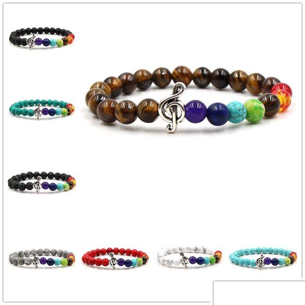 Frisado 8 Cores 8Mm Colourf Chakras Contas de Pedra Natural Pulseiras Amuletos Nota Musical Pulseira Amante Strench Joias Ioga Drop Delive Dh6I8