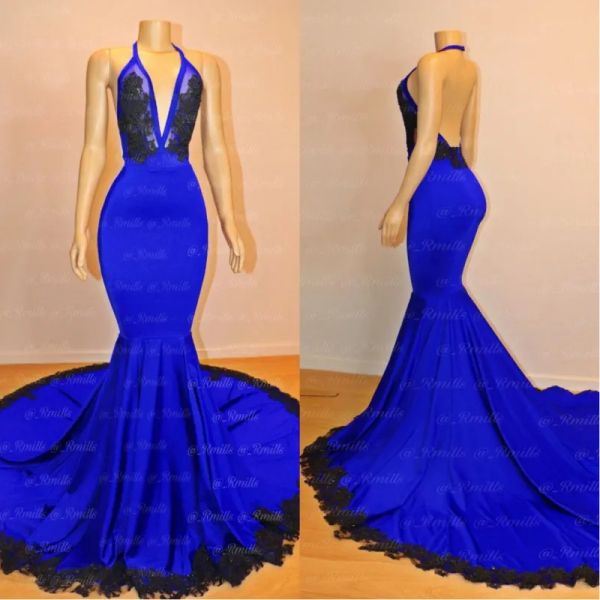 Blue 2023 Royal Mermaid Evening Dresses Black Lace Applique Sexy Halter Halter Ruffles Sweep Train Plus Size Prom Abito da ballo Formale Vestidos personalizzato