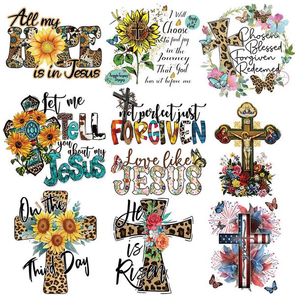 Notions Heat Transfer Patches Leopard Jesus Cross Iron on Transfers Vinyl Paper Stickers Washable Heat Press Decals for T-Shirts Bags Clothing 9.5 Polegadas