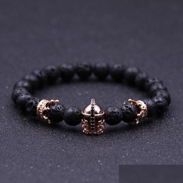 Perlen Neue Römische Helm Armband Männer Junge Schwarz Lava Rock Stein Energie Armbänder Schmuck Weihnachtsgeschenk Drop Lieferung Dhu0T