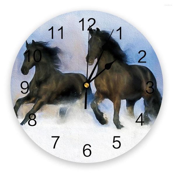 Настенные часы картинка масла Стиль лошадь, скачущая в снежных современных часах для домашнего офиса