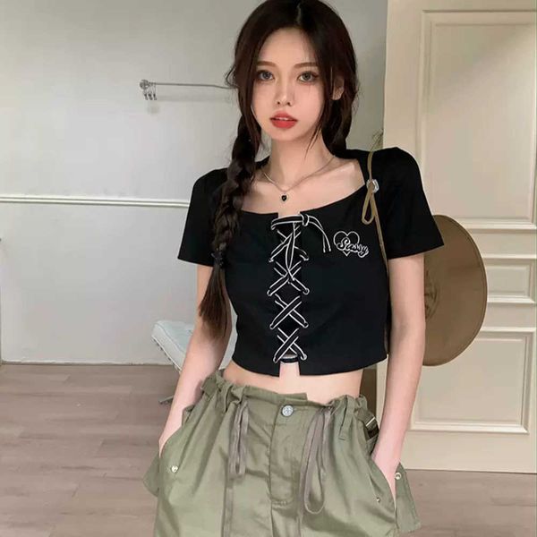 T-Shirt Crop Fashion Top Renda Y2K Coreano Feminino Sweet New Manga Curta Bandage 2023 Summer Street T-shirt P230603