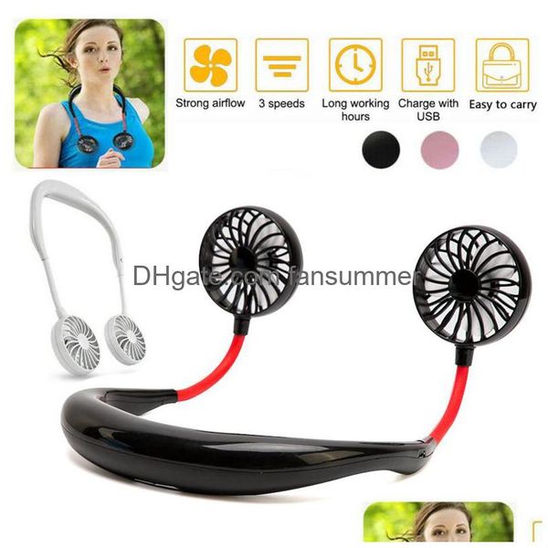 Usb Gadgets Ventilador de pescoço portátil Recarregável Mão pessoal Mini Wearable Neckband Ventiladores esportivos Resfriamento duplo Cabeça de ajuste de 360 graus L DHPLT