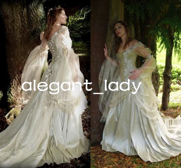 Abiti da sposa medievali champagne avorio vintage con abito da sposa da fiaba con corsetto stringato vittoriano a maniche lunghe