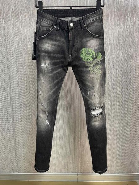 Calça Jeans Masculina 2023 Buraco Negro Flor Bordada Scratch Moda Calça Lápis 9879#