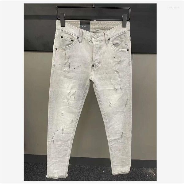 Jeans Masculino Casual Hole Paint Spray Jeans Calça Estilo Trendy High Street MotoBiker Slim 9103#