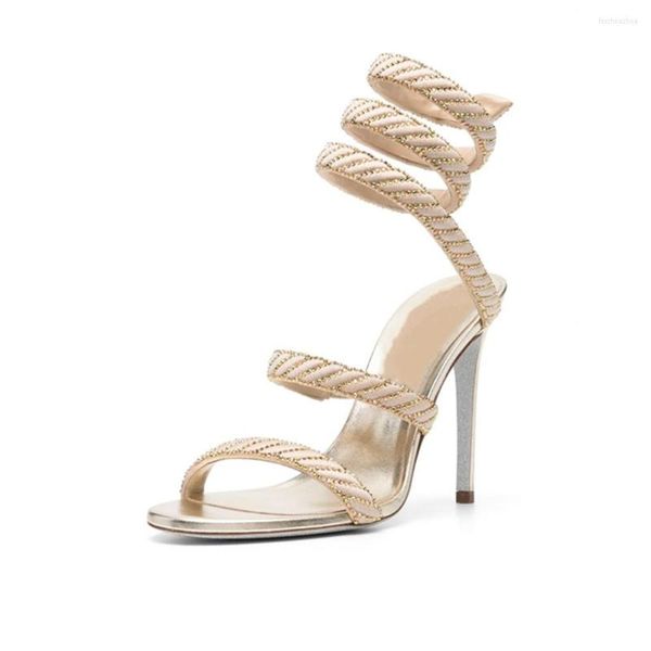Sandali da donna sexy con strass da polso avvolgenti tacco alto sottile piccoli strass a forma di serpente avvolti alla caviglia scarpe da sposa aperte