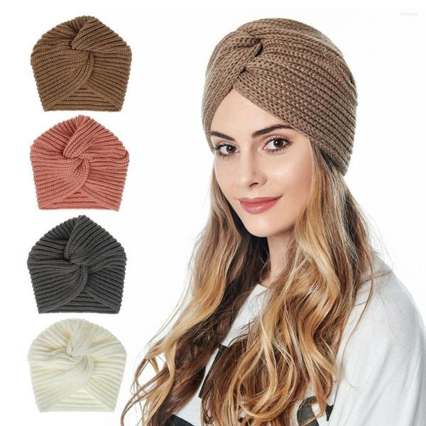 Abbigliamento etnico 2023 Donne alla moda Turbante lavorato a maglia Cappello Inverno Caldo Croce Foulard musulmano Cofano Donna Fascia solida Bandana India Cap