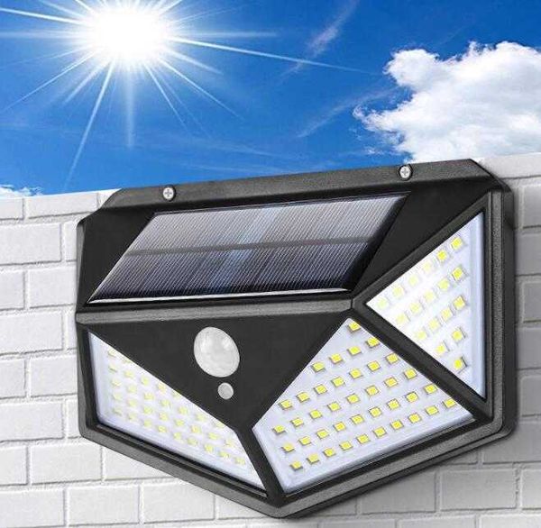 100 LED Luz de energia solar de quatro lados 3 modos Sensor de movimento de ângulo de 120 graus Lâmpada de rua de jardim Lâmpadas de jardim à prova d'água ao ar livre