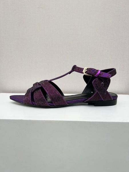 Römische flache Damen-Sandalen mit Diamanten, modische Party-Schuhe, sexy Einzelfaden-Band, mehrfarbig, Größen 35–43