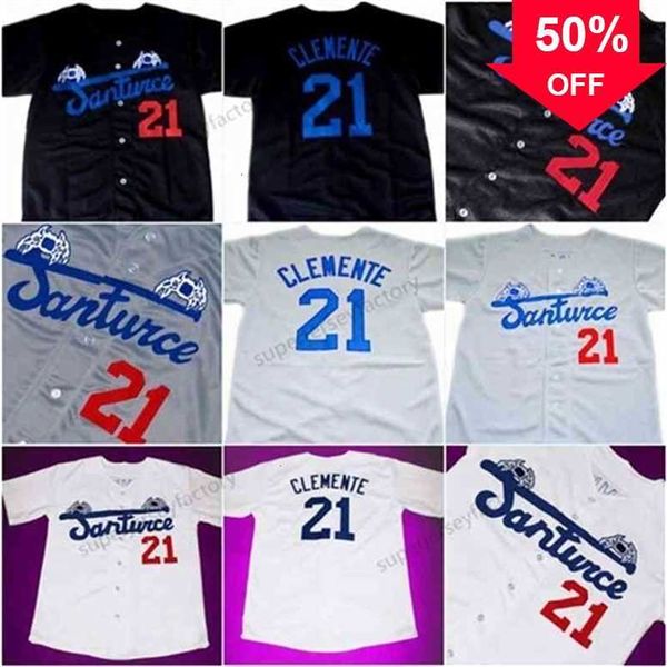 Xflsp GlaA3740 Mode Männer Santurce Crabbers Puerto Rico Roberto Clemente Jersey 21 Günstige Schwarz Weiß Grau genähte Baseball-Shirts