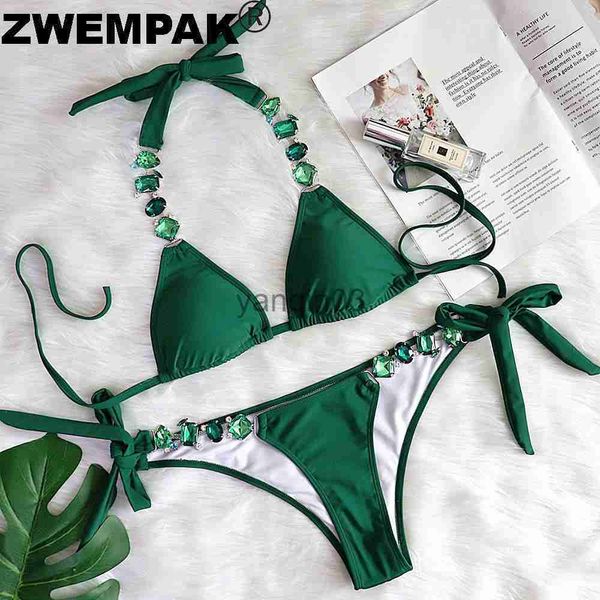 Kadın Mayo 2021 Emerald Kadın Bikini Bandage Seksi Turkuaz Kristal Mayo Brezilya Beryl Mayo Taş Beach Giyim Biquini J230603