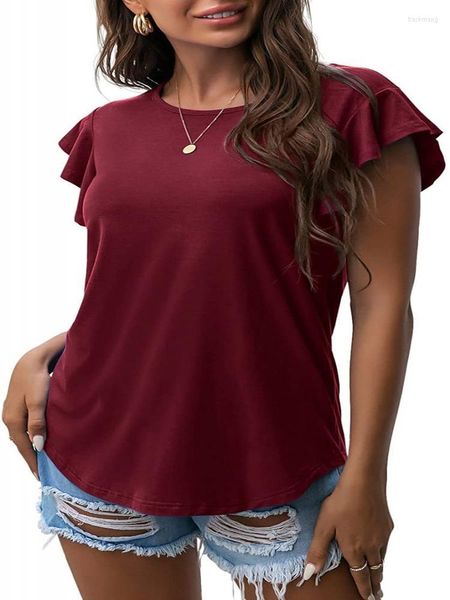 Camisetas Femininas T-Shirt Feminina de Verão Feminina Cor Sólida Casual Solta Folhos Manga Curta Decote Redondo Bainha Curva Pulôver Simples Túnica Top