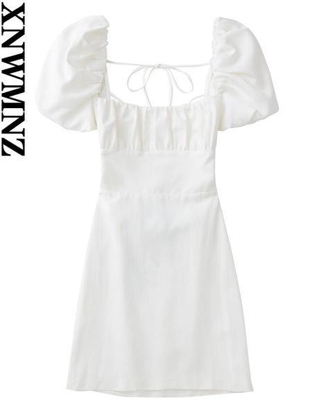 Vestido xnwmnz feminino branco moda linho mistura vestido feminino pescoço quadrado mangas curtas puff sem costas alças cruzadas vestido para mulher